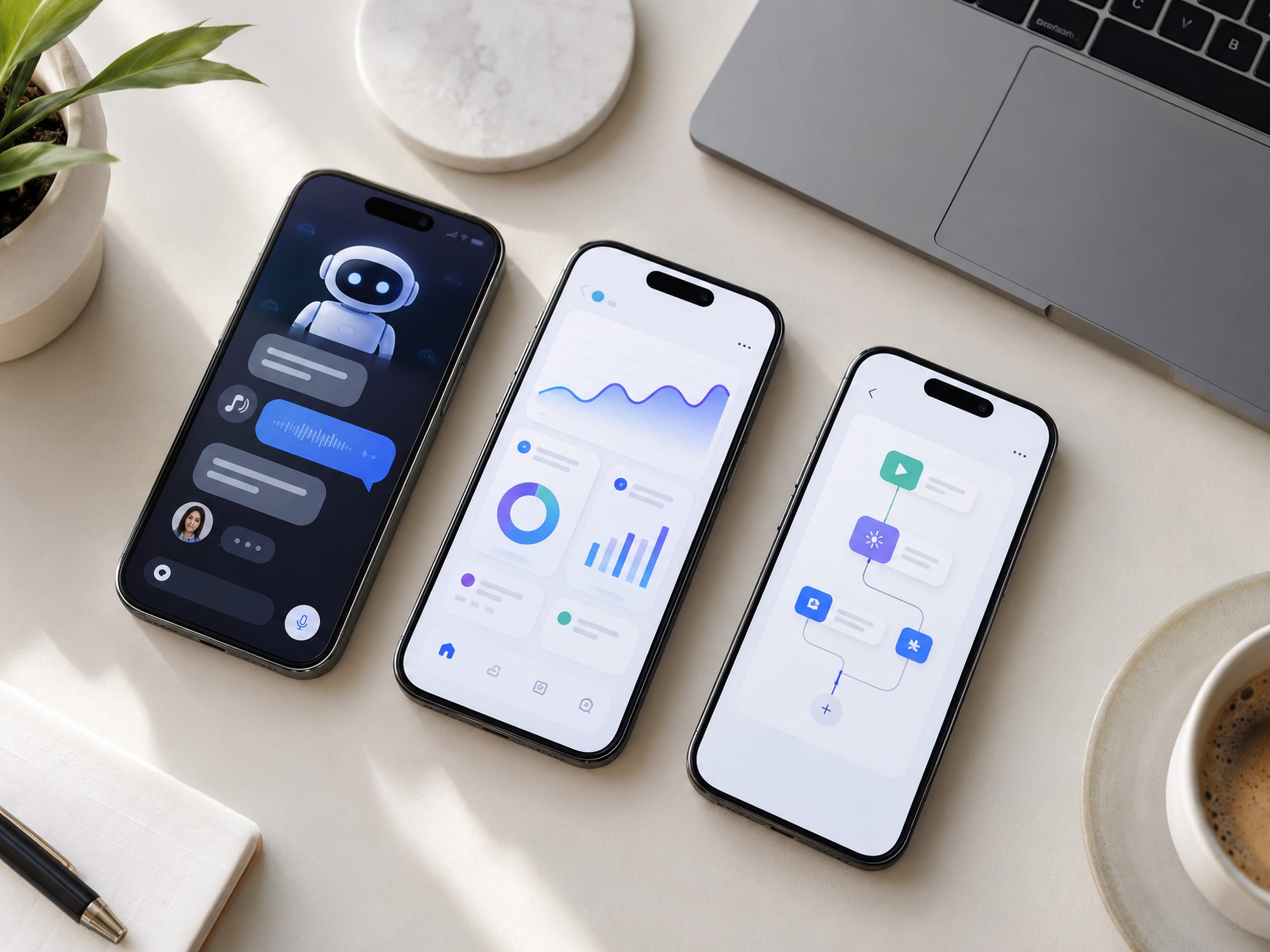 Trois téléphones affichant un assistant IA, des graphiques et un flux d’automatisation.