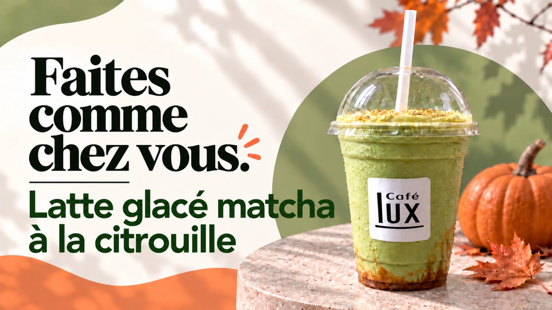 Poster « Faites comme chez vous. »: iced pumpkin matcha latte in a Café Lux cup.