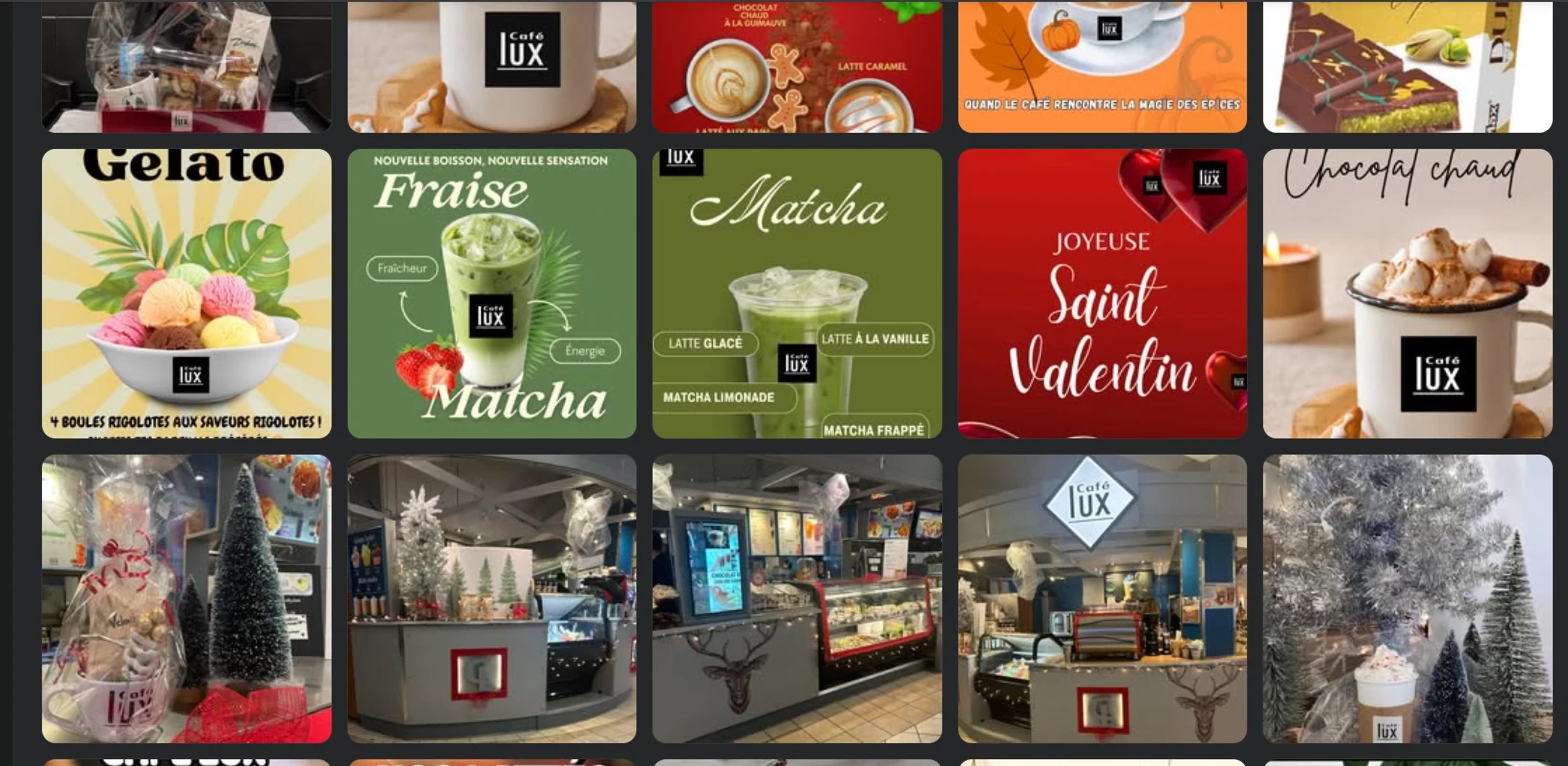 Past ads and photos of Café Lux: posters for gelato, strawberry and matcha lattes, Valentine’s Day and hot chocolate, and the café decorated for Christmas.