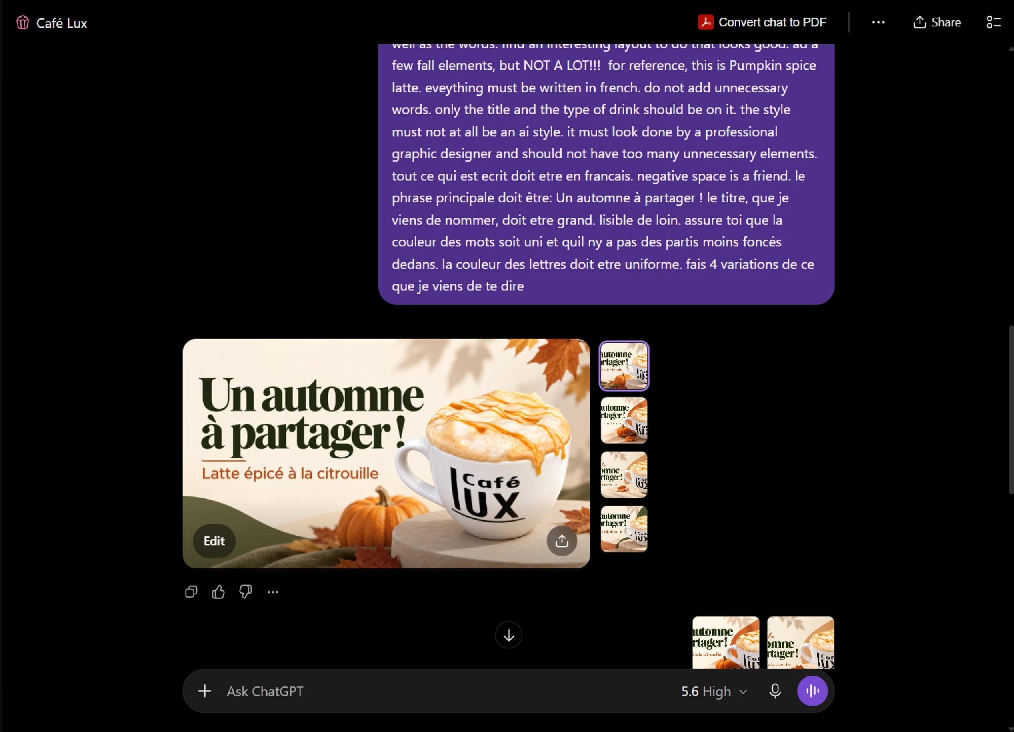 Creating a poster in ChatGPT from a detailed description: « Un automne à partager ! » and « Latte épicé à la citrouille », in four variations.