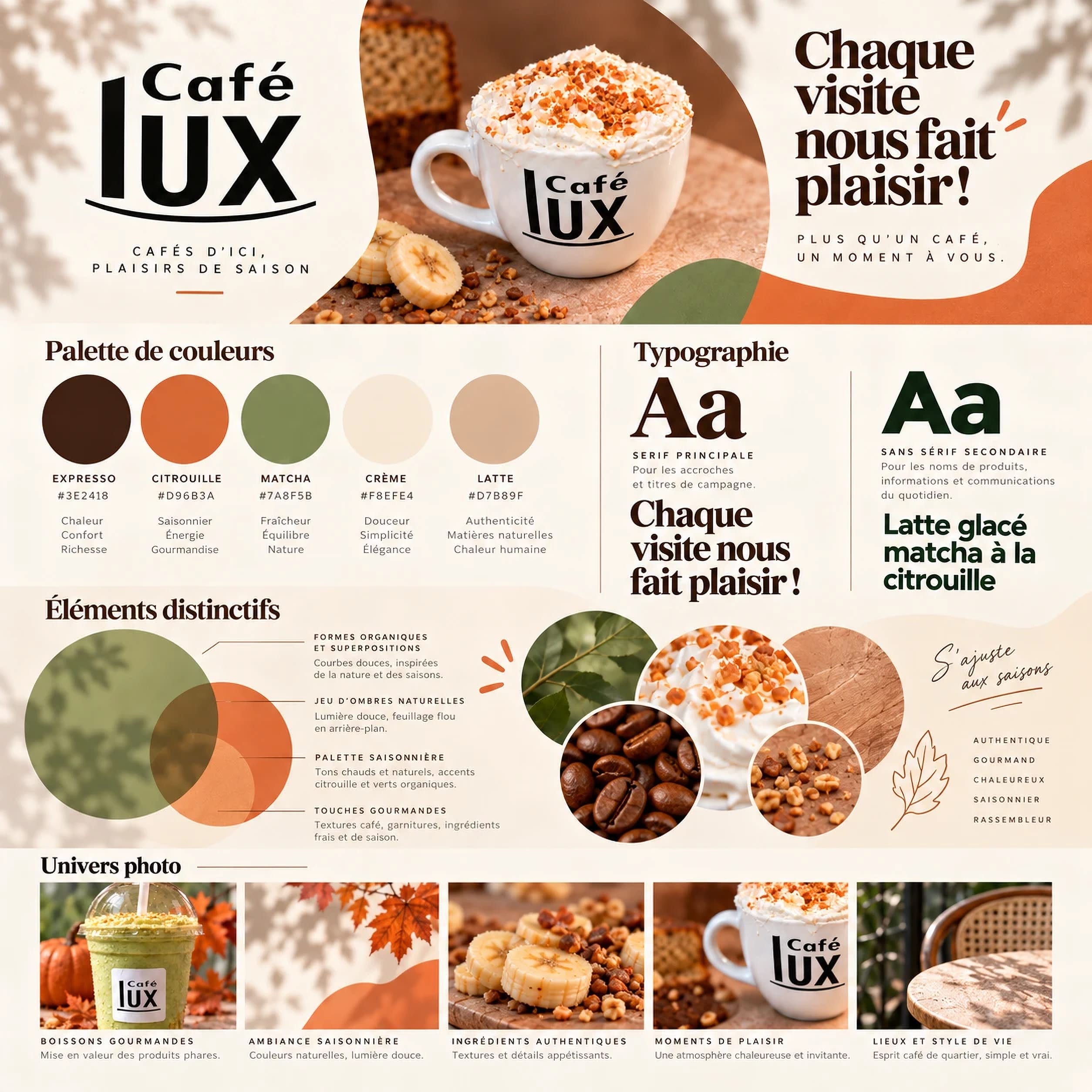 Café Lux style guide: logo, Expresso, Citrouille, Matcha, Crème and Latte palette, typography, distinctive elements and photo style.