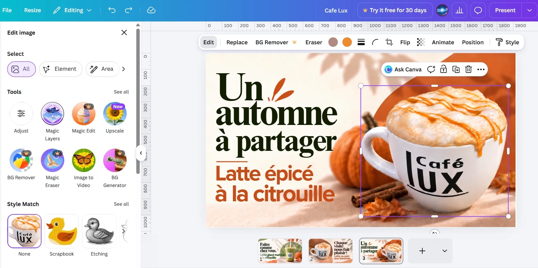 Editing a poster in Canva: the title « Un automne à partager », the drink’s name and the Café Lux cup separated into elements with Magic Layers.