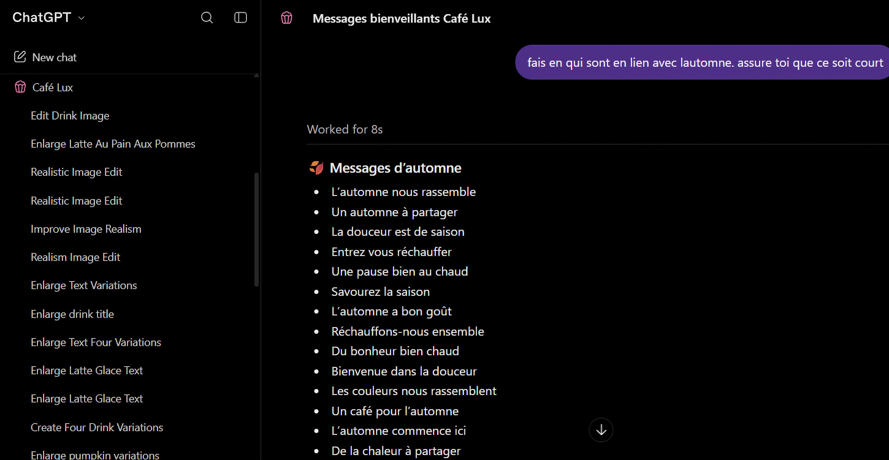 ChatGPT conversation « Messages bienveillants Café Lux »: a list of short autumn messages, such as « L’automne nous rassemble » and « Un automne à partager ».
