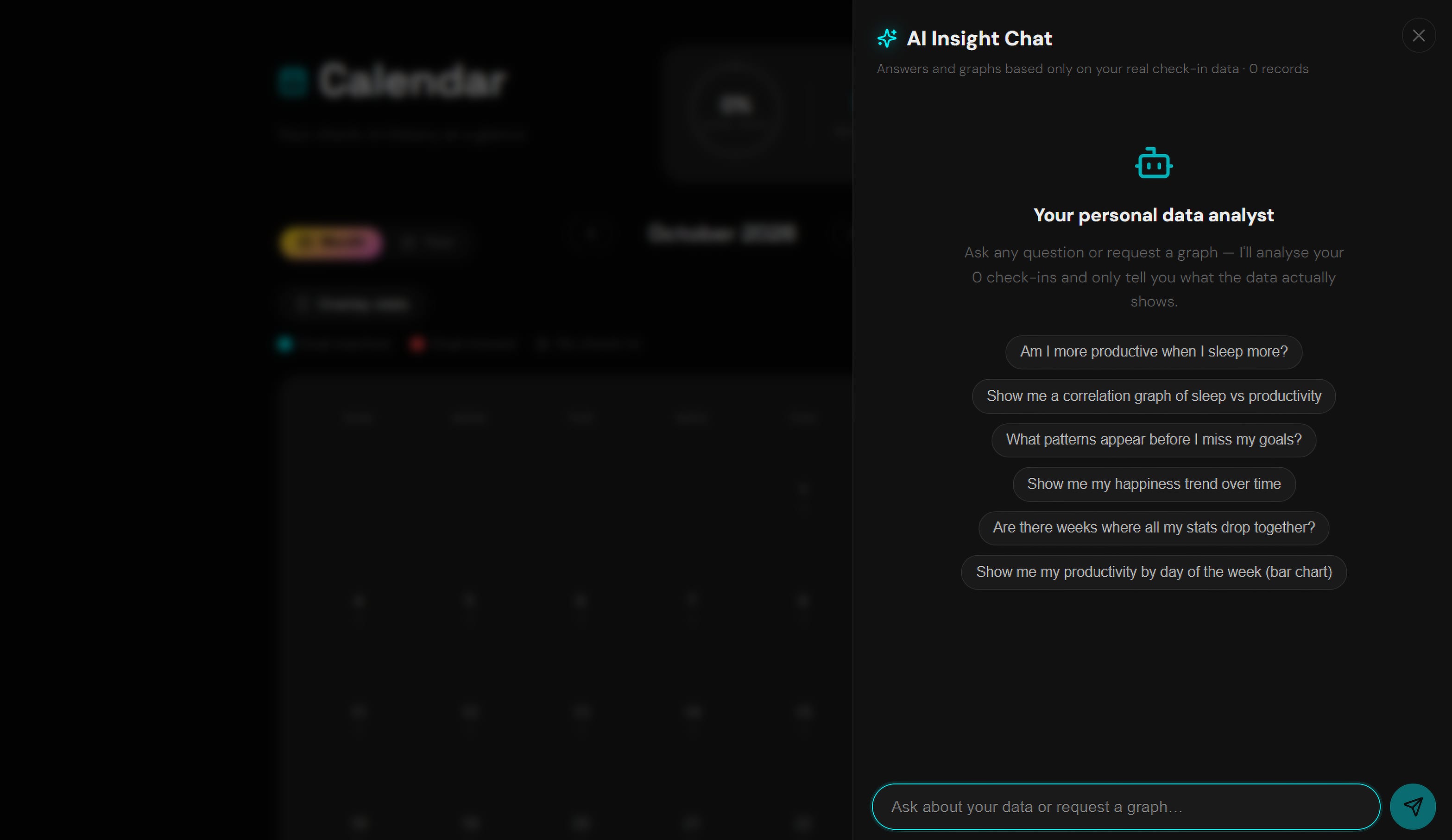 The « AI Insight Chat » panel of the Goals app: a personal data analyst suggests questions about sleep, productivity and happiness.