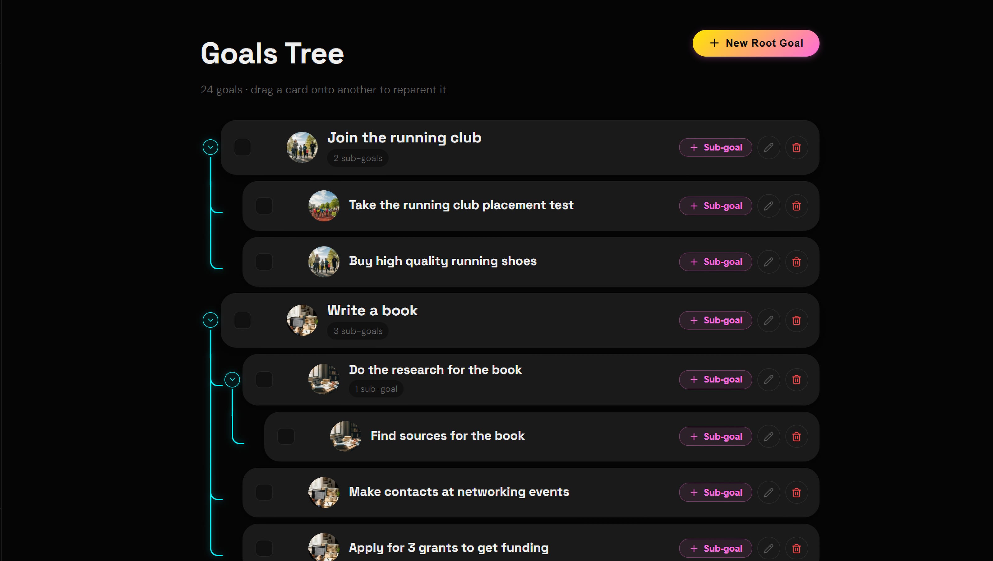 Goals tree of the Goals app: main goals such as « Join the running club » and « Write a book », linked to their sub-goals.