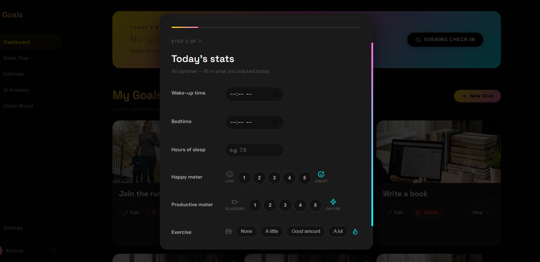 Evening check-in of the Goals app, step 2 of 7 « Today’s stats »: wake-up and bed times, hours of sleep, happiness and productivity levels, and exercise.