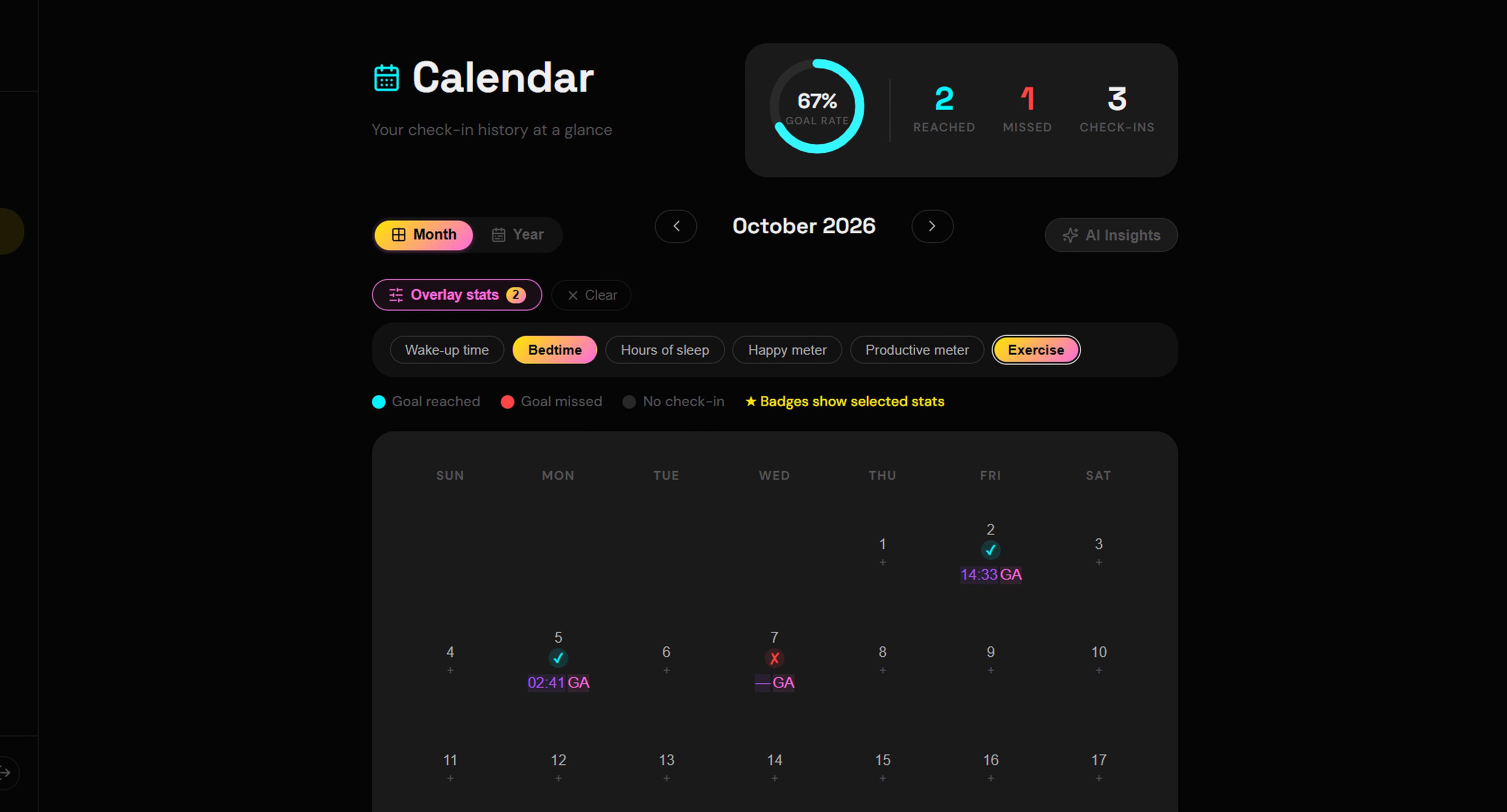 Calendar of the Goals app: a 67% goal completion rate, successful or missed days, and bedtimes and exercise overlaid on the days.