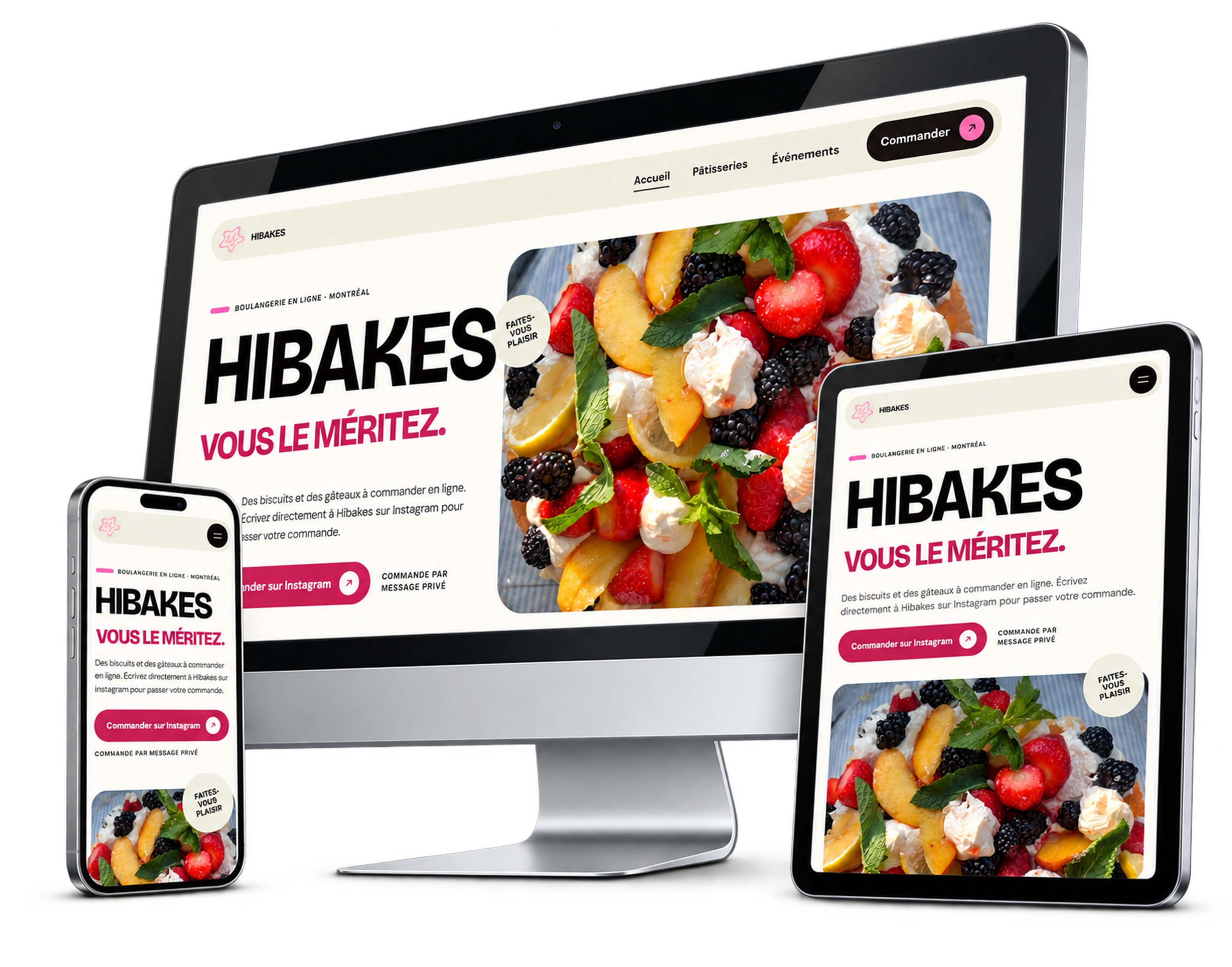 Site Hibakes affiché sur un iMac, une tablette et un téléphone.