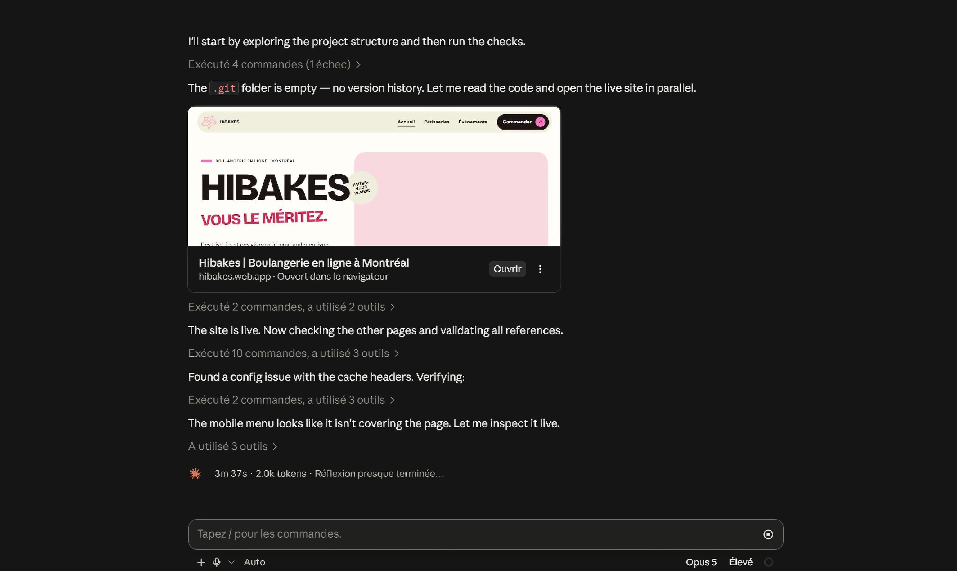 Session Claude Code générant le site Hibakes dans le terminal.