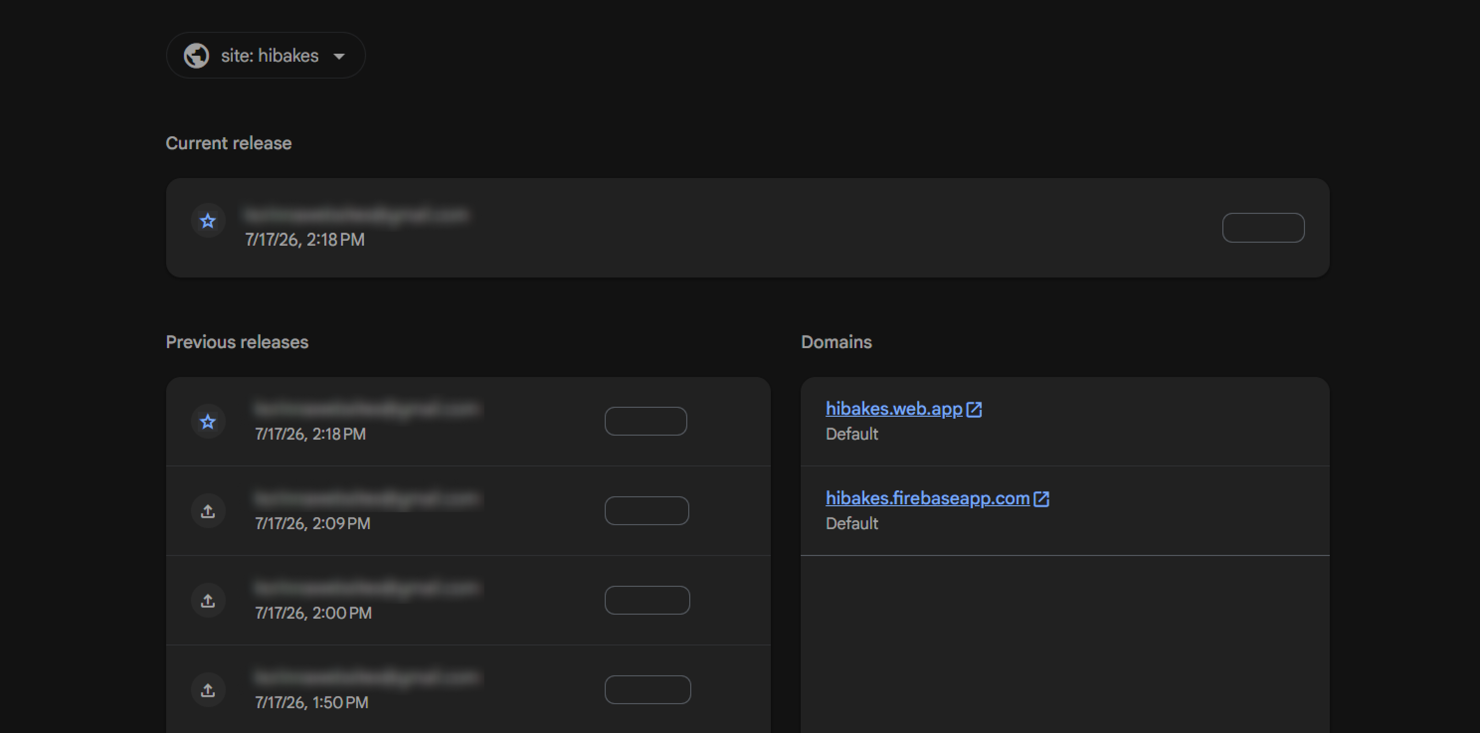 Console Firebase Hosting montrant les versions publiées du site Hibakes.
