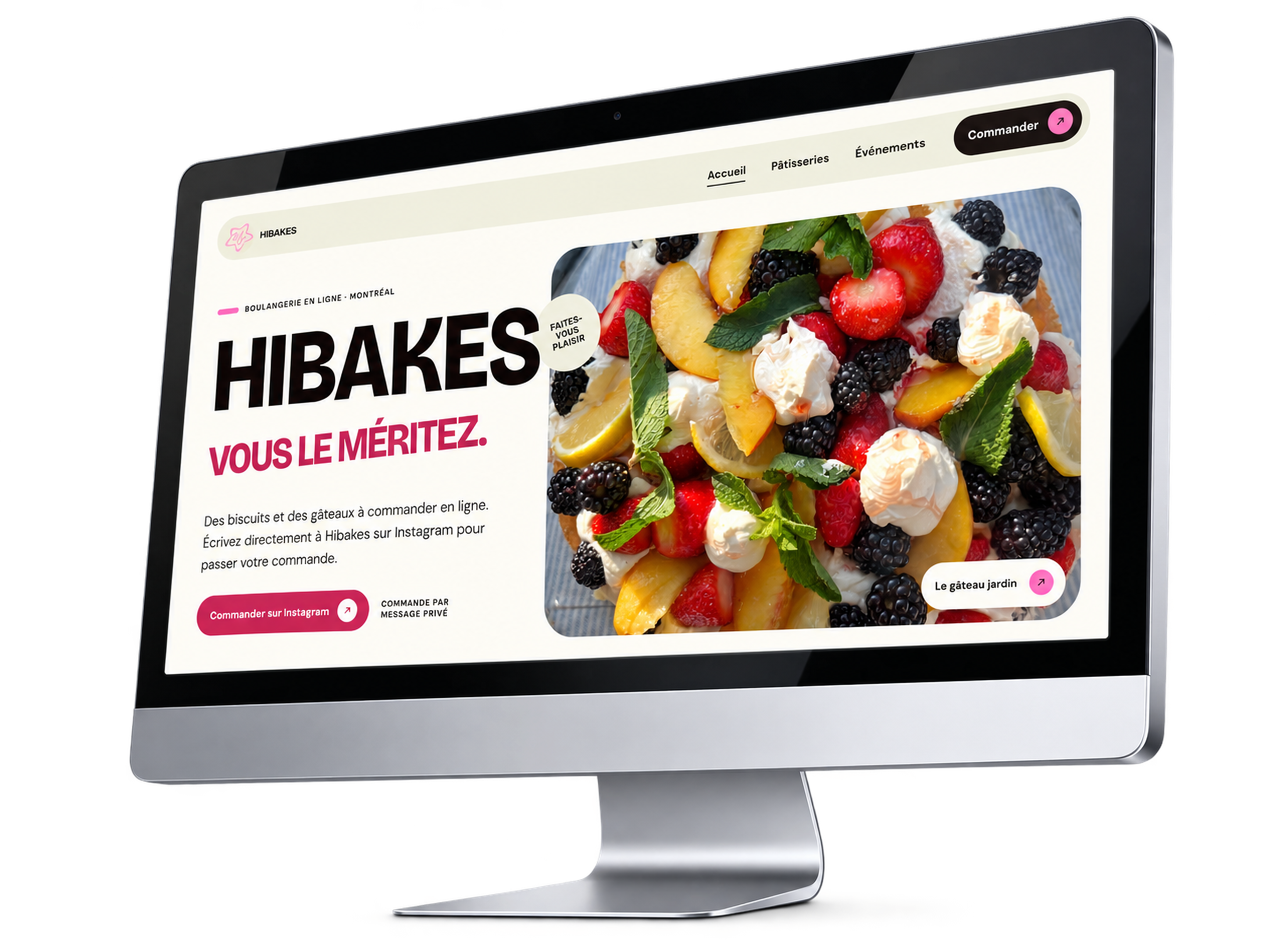 Page d’accueil du site Hibakes affichée sur un iMac.