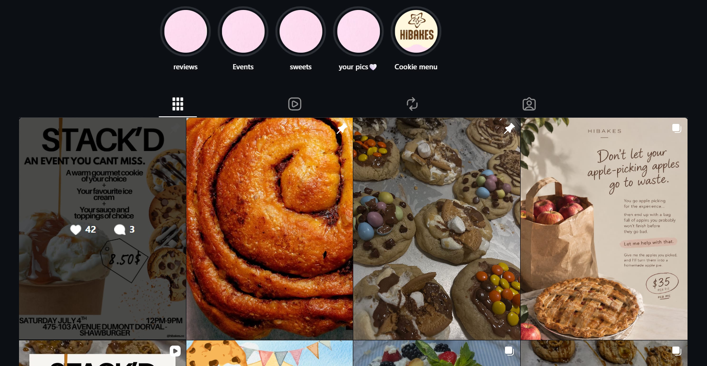 Grille de publications Instagram de Hibakes : brioches, biscuits et pâtisseries.