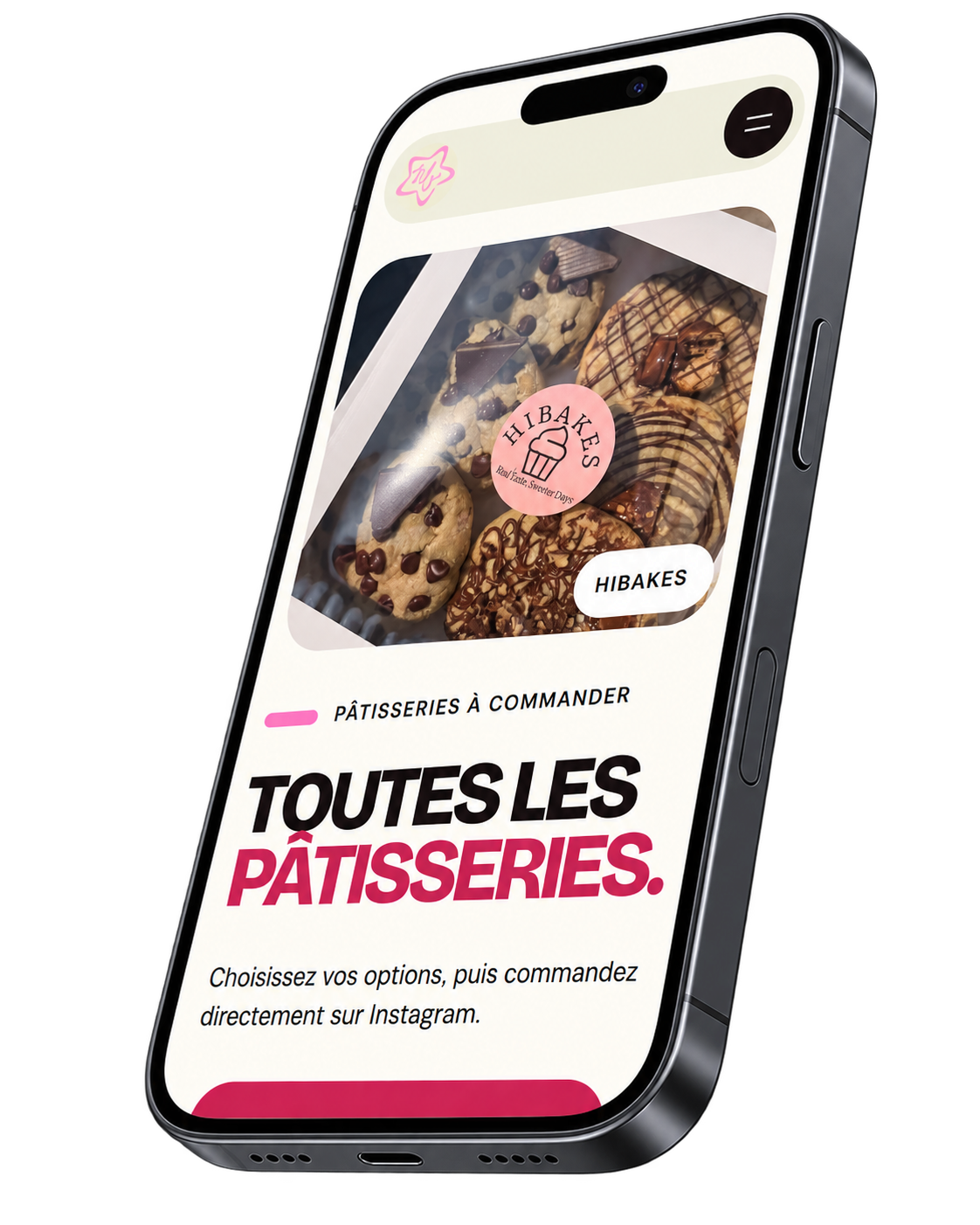 Page « Toutes les pâtisseries » du site Hibakes sur un téléphone.