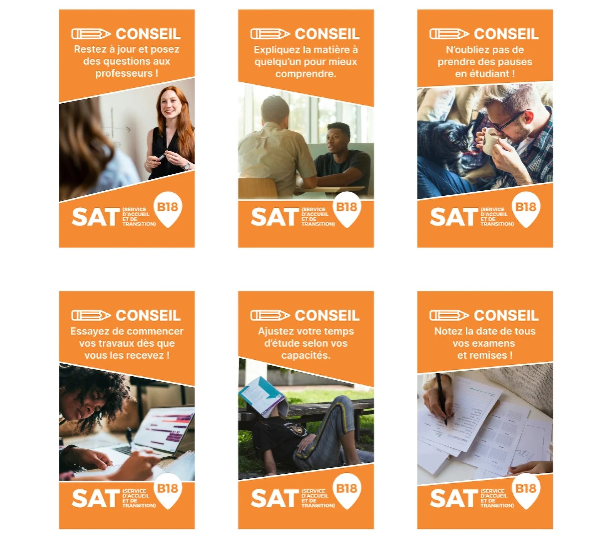 Six SAT « Conseil » Instagram posts: asking teachers questions, explaining the material to someone, taking breaks while studying, starting assignments as soon as they are given, adjusting study time and writing down exam and due dates.