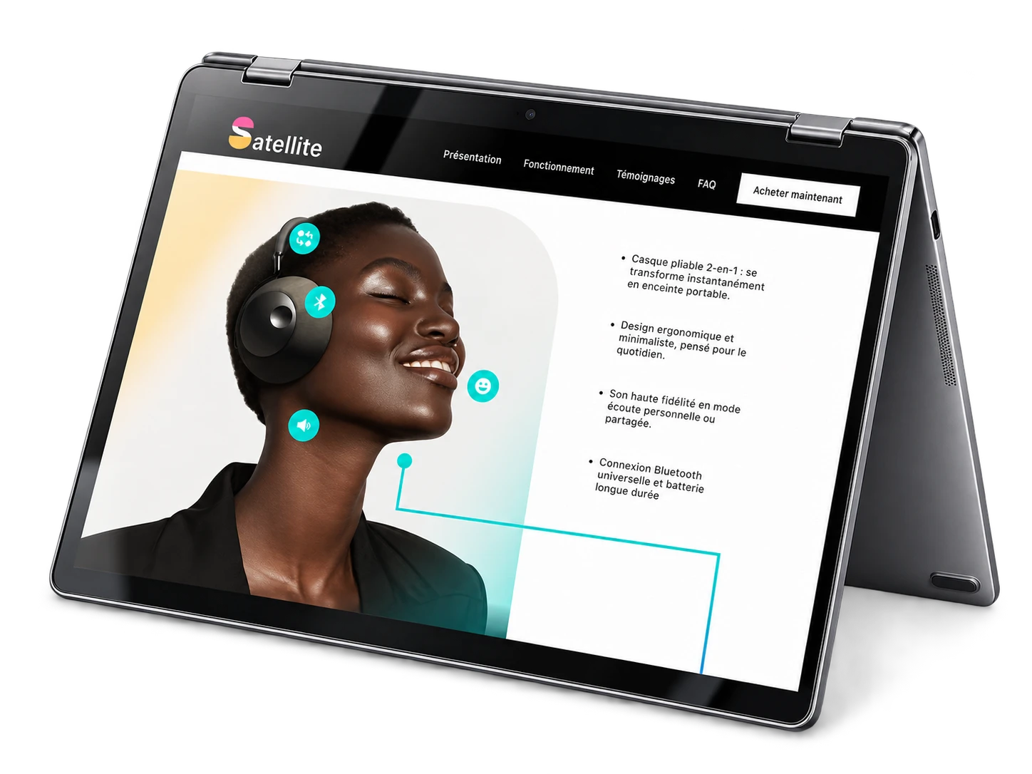 Website of the fictional product Satellite shown on a tablet in tent mode: a woman wears the headphones, next to its four strengths.