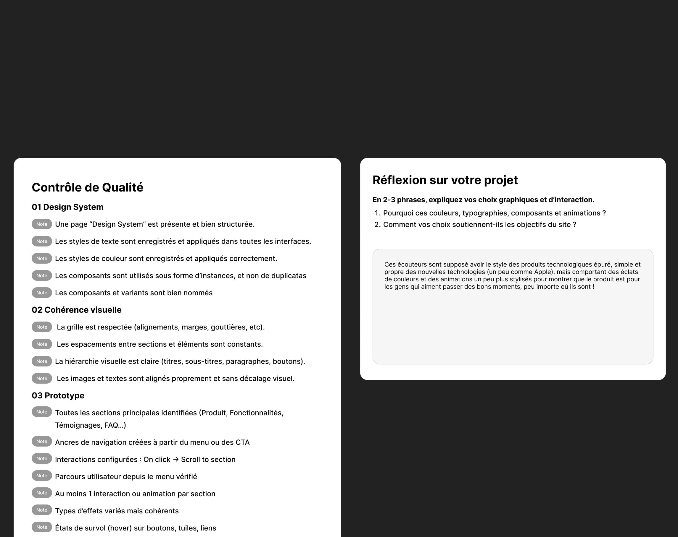 Quality control grid and reflection on the project in the Satellite Figma file.