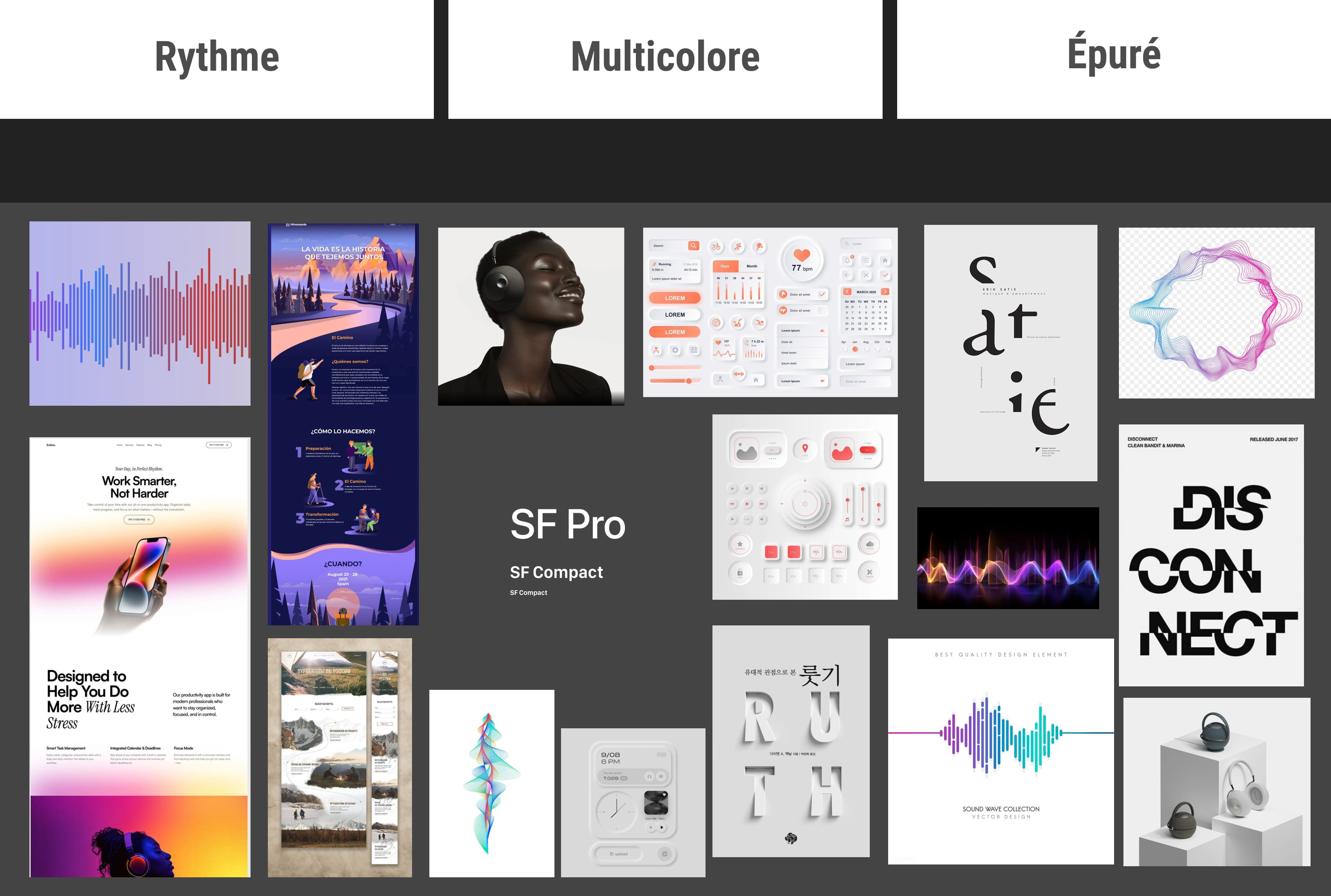 Satellite mood board in Figma: the keywords Rythme, Multicolore and Épuré above interfaces, typefaces, sound waves and photos of the headphones.