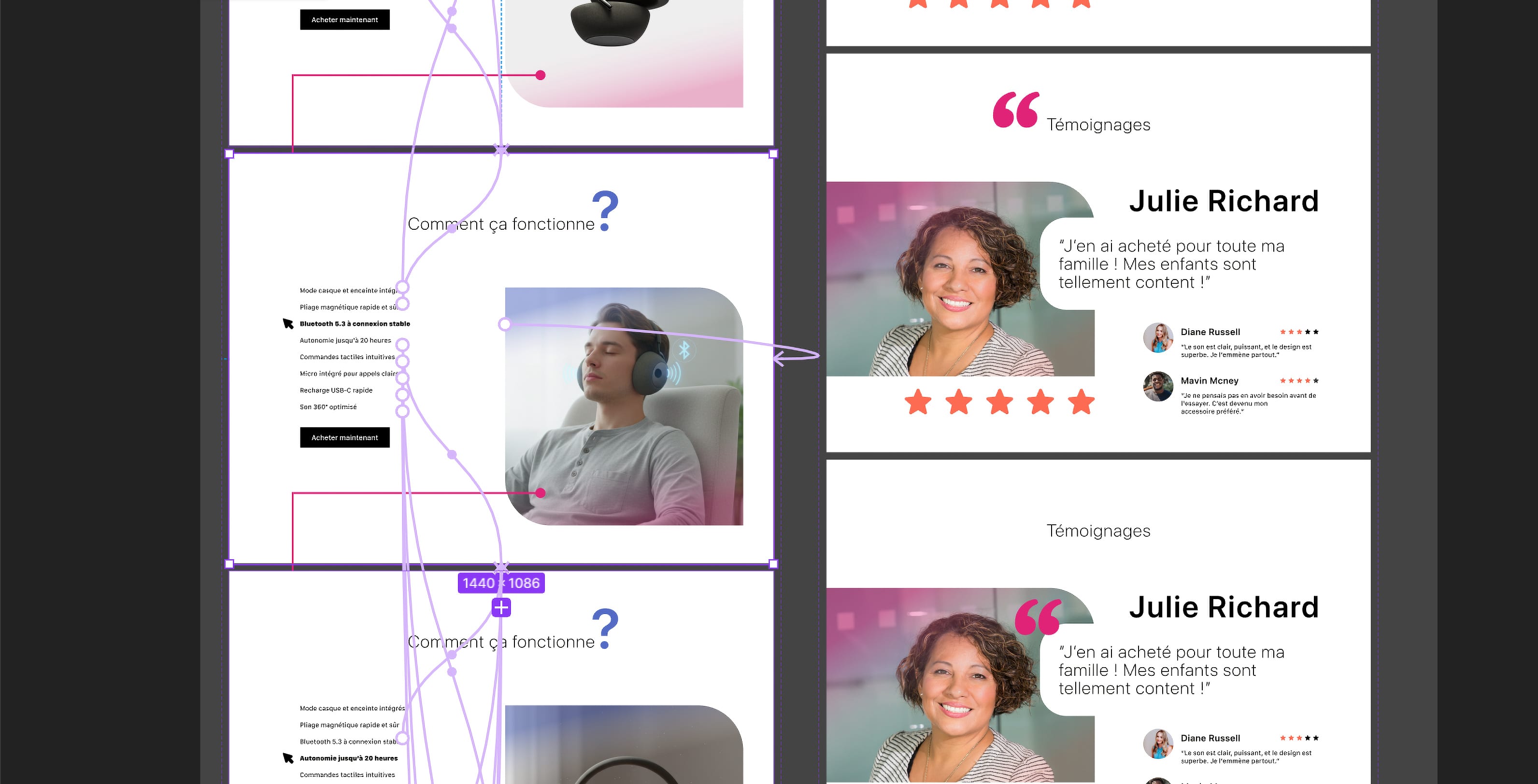 Prototyping in Figma: the « Comment ça fonctionne ? » and « Témoignages » screens of the Satellite website linked by the prototype’s interaction arrows.