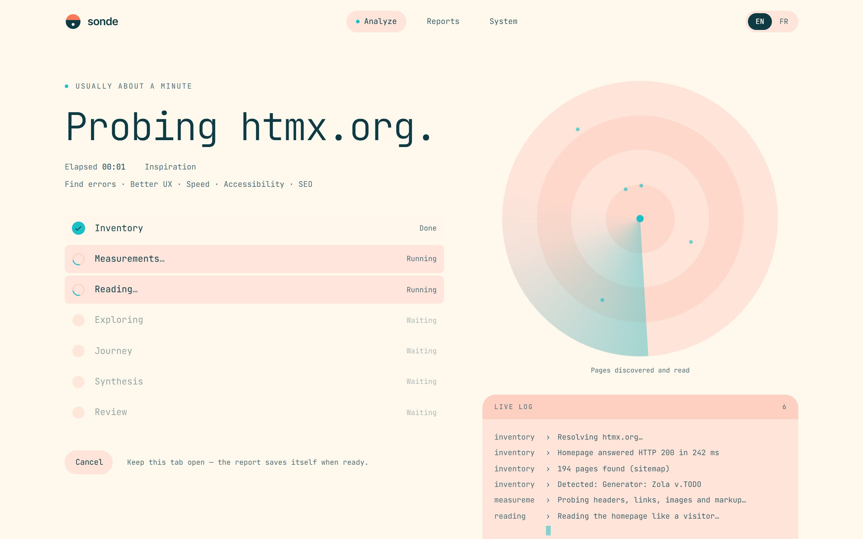 Analyse en direct de htmx.org dans Sonde : les sept phases, de l’inventaire à la révision, un radar des pages découvertes et lues, et le journal en direct.