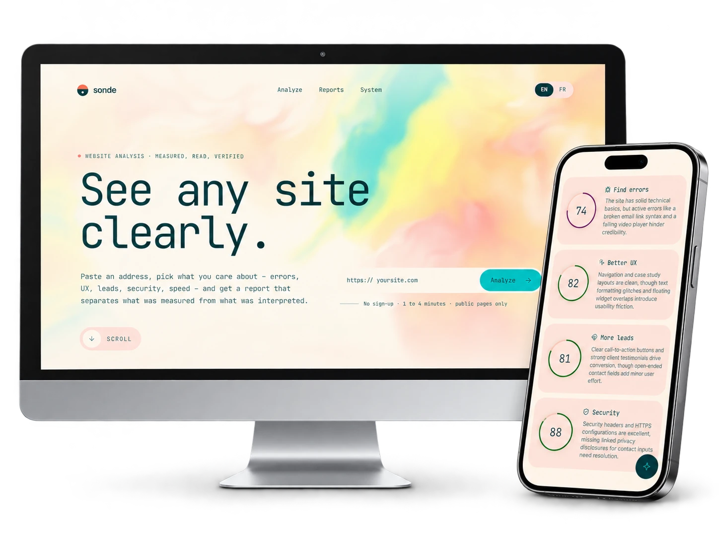 Sonde sur un iMac et un téléphone : l’accueil « See any site clearly. » devant la fumée colorée, et les scores par objectif d’un rapport (Find errors 74, Better UX 82, More leads 81, Security 88).