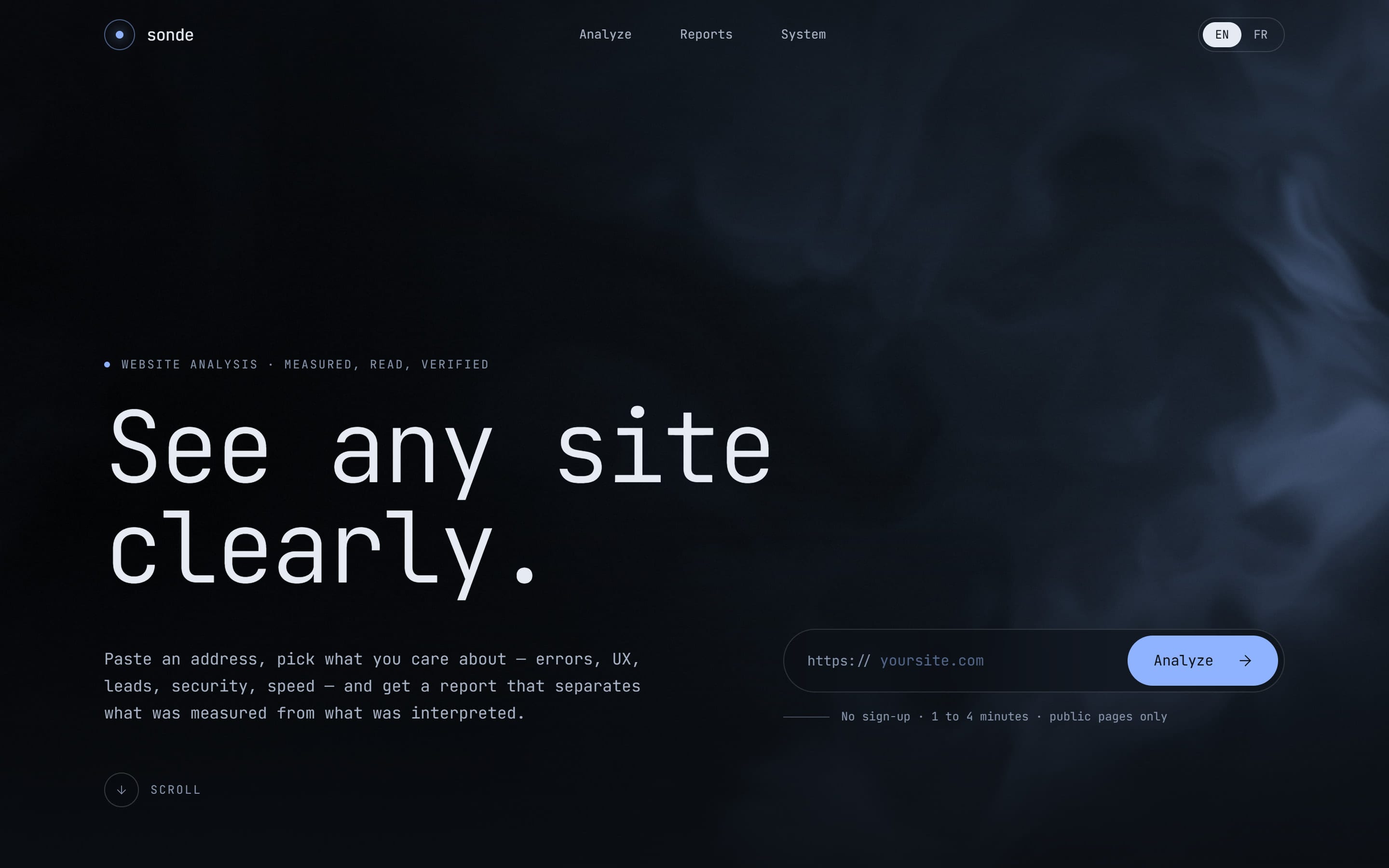 Première version de l’accueil de Sonde, en bleu nuit : le titre « See any site clearly. » en monospace devant une soie bleutée et un bouton « Analyze » pervenche.
