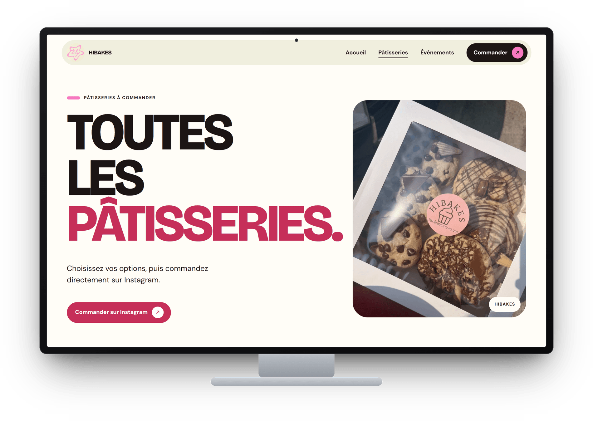 Hibakes pastries page displayed on a desktop monitor