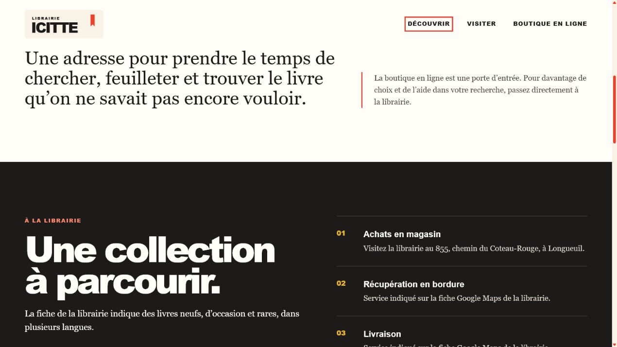 Librairie Icitte collection and services section