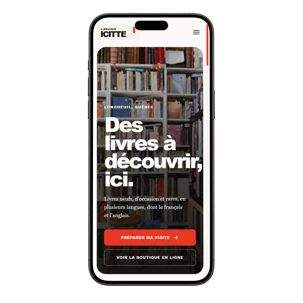 Librairie Icitte local bookstore website on a mobile phone