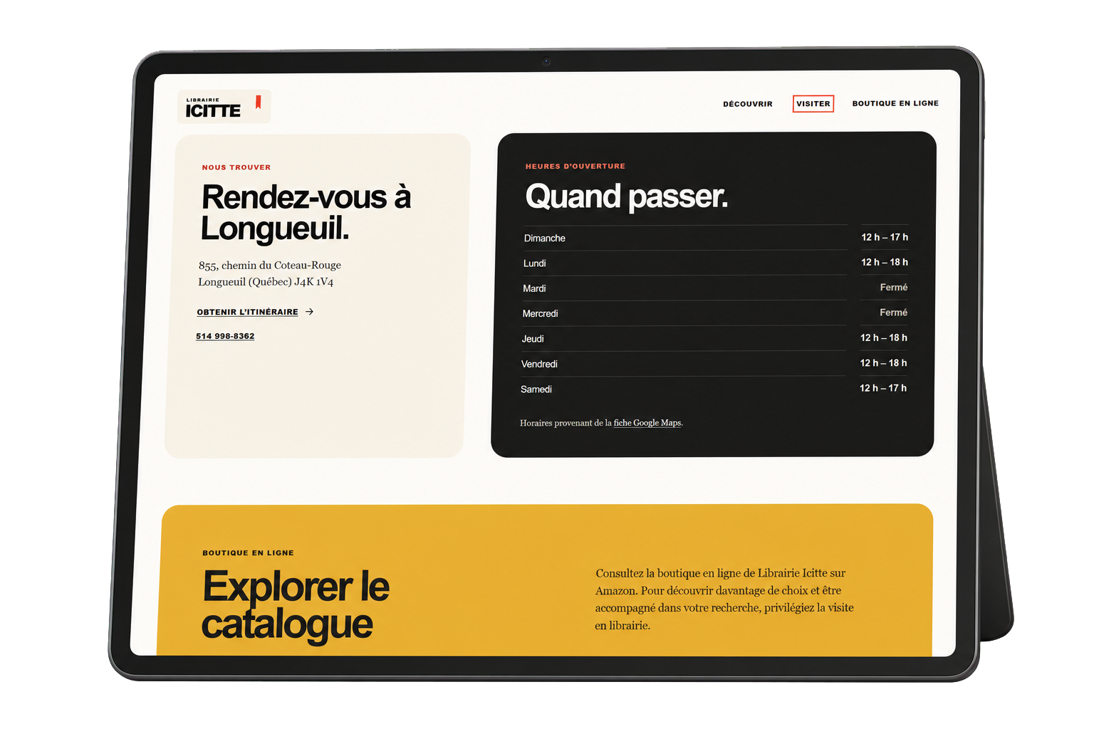 Librairie Icitte address and opening hours displayed on a tablet