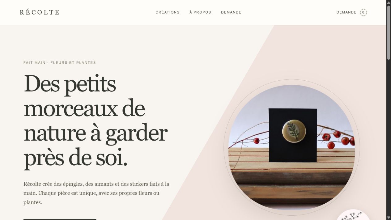 Récolte website hero section