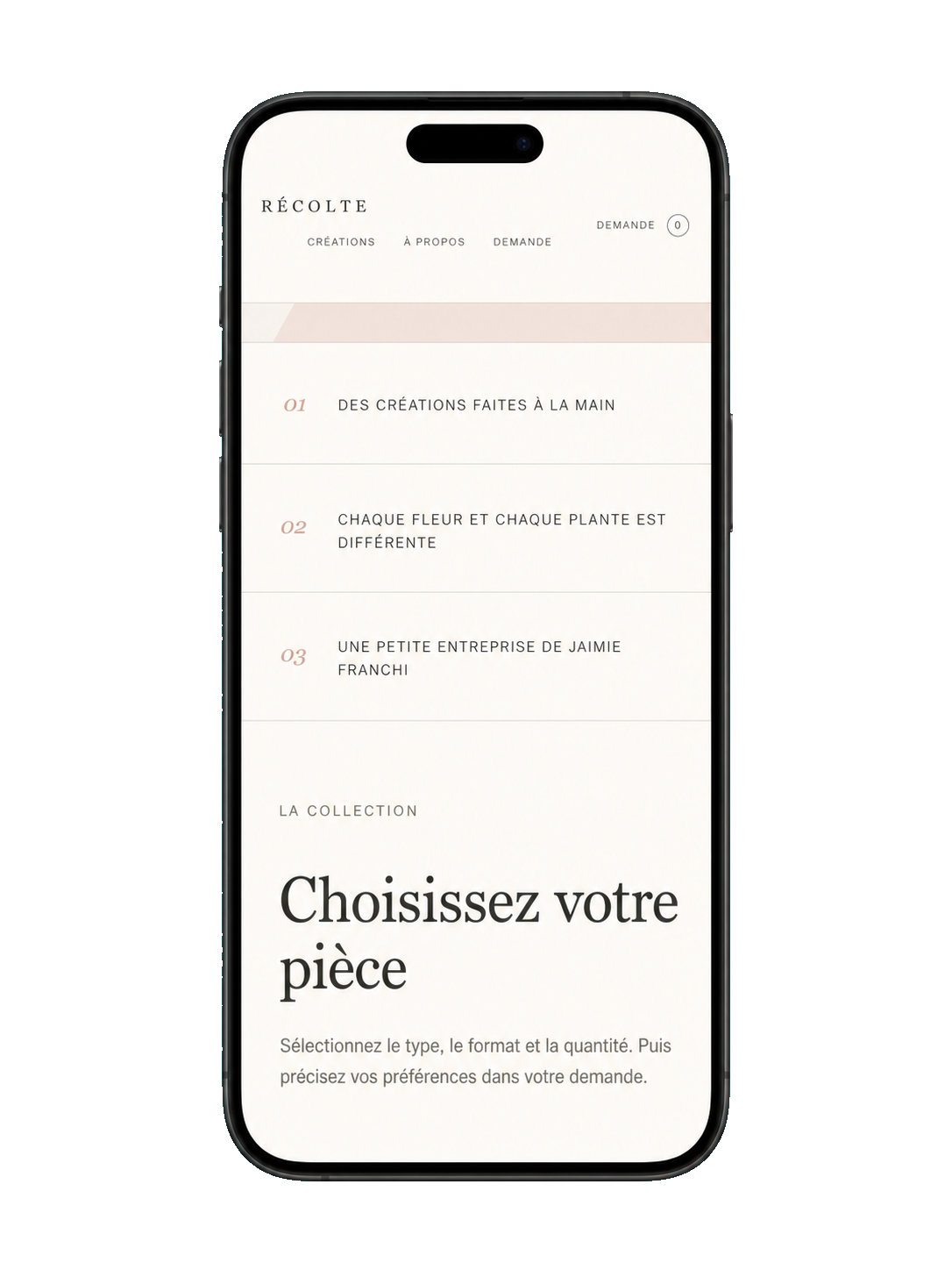 Récolte local business website on a mobile phone