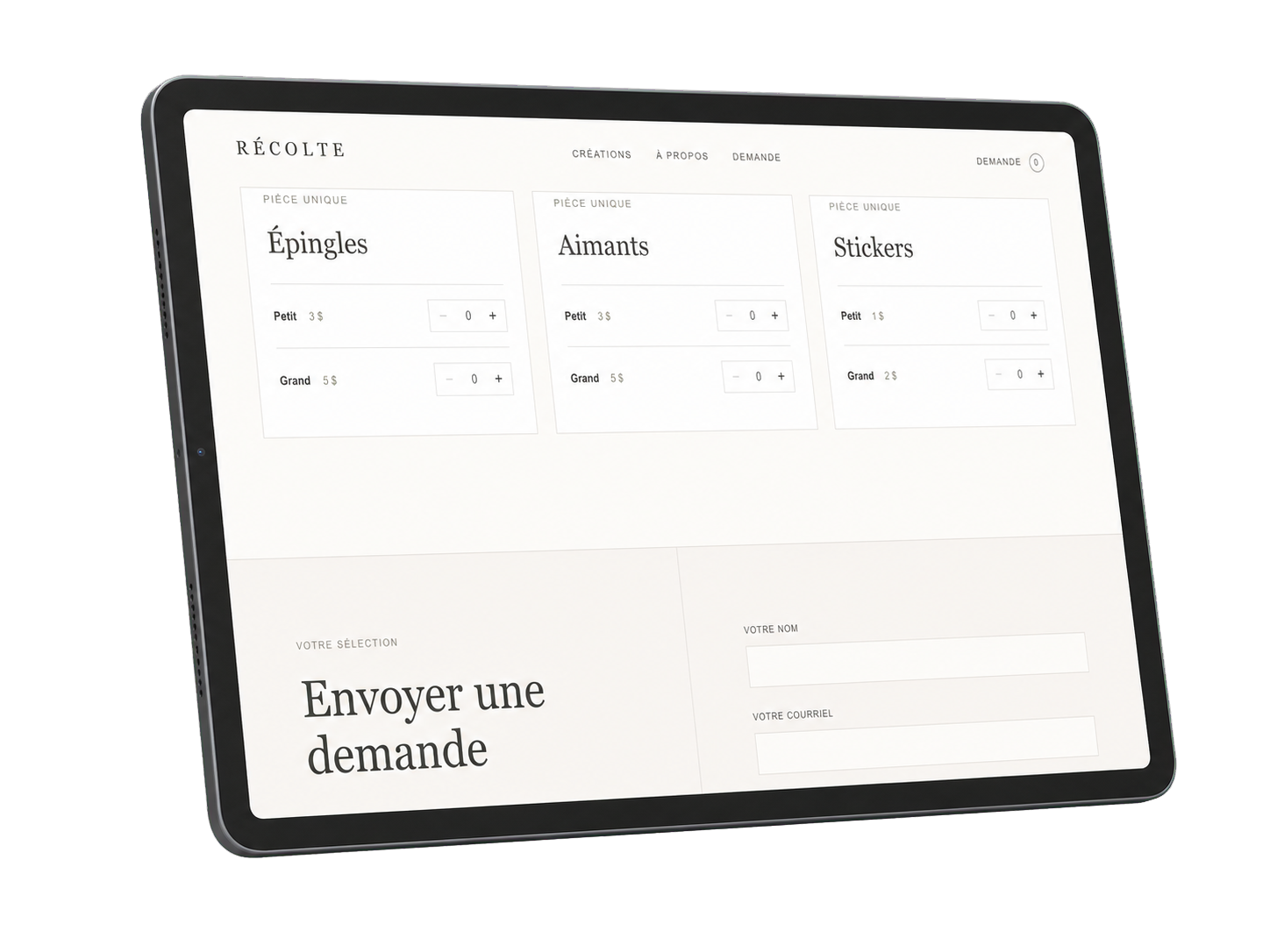 Récolte product quantity controls and request form displayed on a tablet